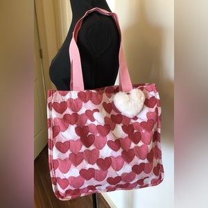 Tote;Canvas; Red, Pink & White Hearts;Texturized; Attached Fuzzy White Heart Pom